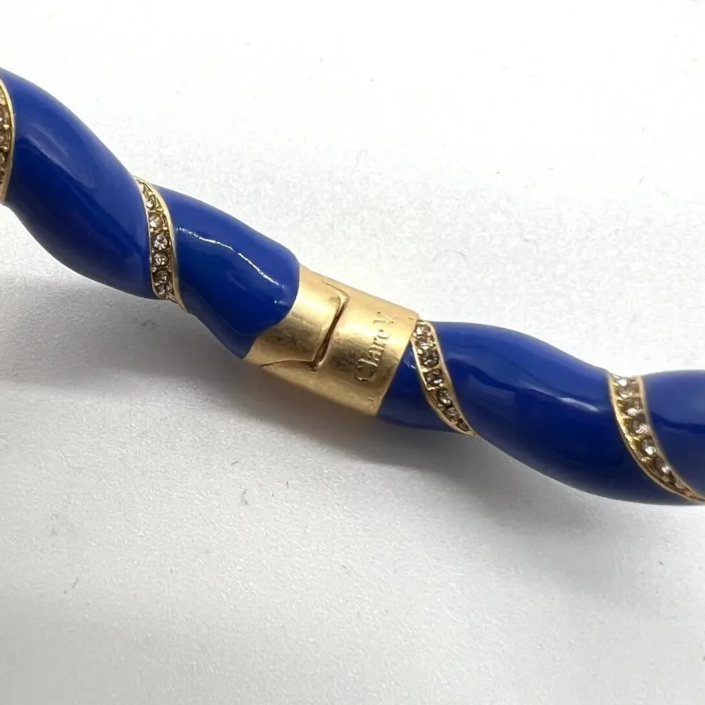 CLARE V Gold Plated Enamel Rope Bangle Bracelet Blue Rhinestone Crystal NEW